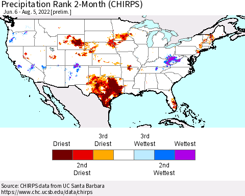 United States Precipitation Rank 2-Month (CHIRPS) Thematic Map For 6/6/2022 - 8/5/2022