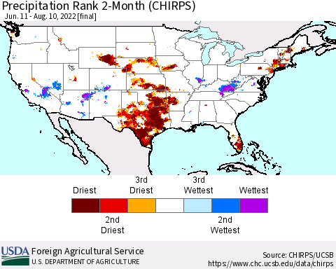 United States Precipitation Rank 2-Month (CHIRPS) Thematic Map For 6/11/2022 - 8/10/2022