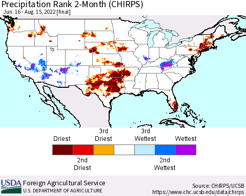 United States Precipitation Rank since 1981, 2-Month (CHIRPS) Thematic Map For 6/16/2022 - 8/15/2022