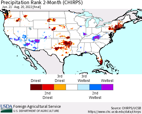 United States Precipitation Rank 2-Month (CHIRPS) Thematic Map For 6/21/2022 - 8/20/2022
