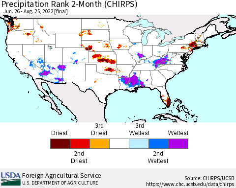 United States Precipitation Rank 2-Month (CHIRPS) Thematic Map For 6/26/2022 - 8/25/2022
