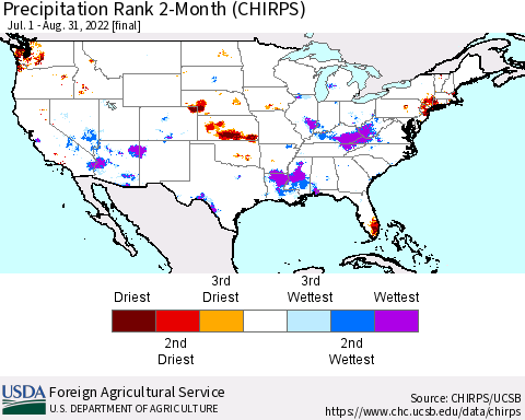 United States Precipitation Rank 2-Month (CHIRPS) Thematic Map For 7/1/2022 - 8/31/2022
