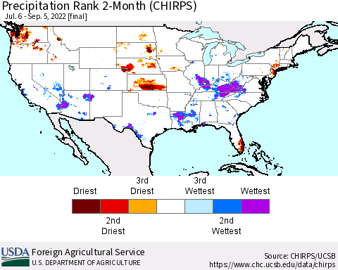 United States Precipitation Rank since 1981, 2-Month (CHIRPS) Thematic Map For 7/6/2022 - 9/5/2022
