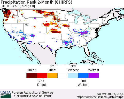 United States Precipitation Rank since 1981, 2-Month (CHIRPS) Thematic Map For 7/11/2022 - 9/10/2022
