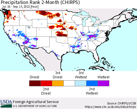United States Precipitation Rank since 1981, 2-Month (CHIRPS) Thematic Map For 7/16/2022 - 9/15/2022