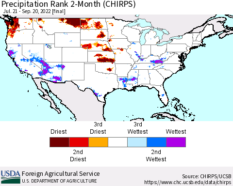 United States Precipitation Rank 2-Month (CHIRPS) Thematic Map For 7/21/2022 - 9/20/2022