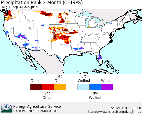 United States Precipitation Rank since 1981, 2-Month (CHIRPS) Thematic Map For 8/1/2022 - 9/30/2022