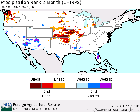 United States Precipitation Rank since 1981, 2-Month (CHIRPS) Thematic Map For 8/6/2022 - 10/5/2022
