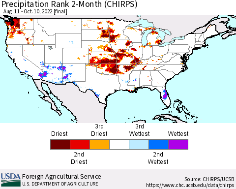 United States Precipitation Rank since 1981, 2-Month (CHIRPS) Thematic Map For 8/11/2022 - 10/10/2022