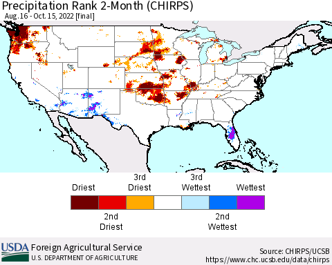 United States Precipitation Rank since 1981, 2-Month (CHIRPS) Thematic Map For 8/16/2022 - 10/15/2022