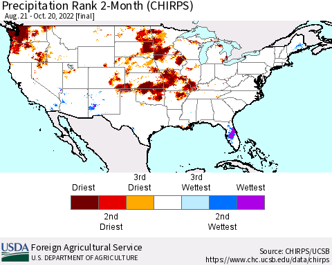 United States Precipitation Rank since 1981, 2-Month (CHIRPS) Thematic Map For 8/21/2022 - 10/20/2022