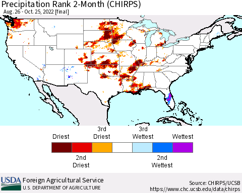 United States Precipitation Rank since 1981, 2-Month (CHIRPS) Thematic Map For 8/26/2022 - 10/25/2022