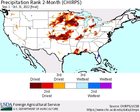 United States Precipitation Rank since 1981, 2-Month (CHIRPS) Thematic Map For 9/1/2022 - 10/31/2022