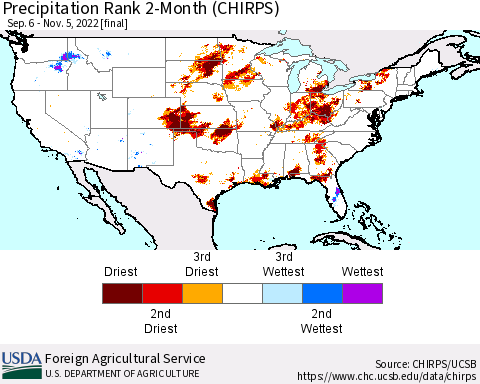 United States Precipitation Rank since 1981, 2-Month (CHIRPS) Thematic Map For 9/6/2022 - 11/5/2022