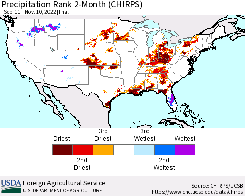 United States Precipitation Rank since 1981, 2-Month (CHIRPS) Thematic Map For 9/11/2022 - 11/10/2022