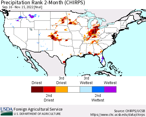 United States Precipitation Rank 2-Month (CHIRPS) Thematic Map For 9/16/2022 - 11/15/2022