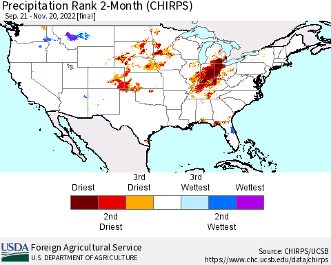 United States Precipitation Rank 2-Month (CHIRPS) Thematic Map For 9/21/2022 - 11/20/2022