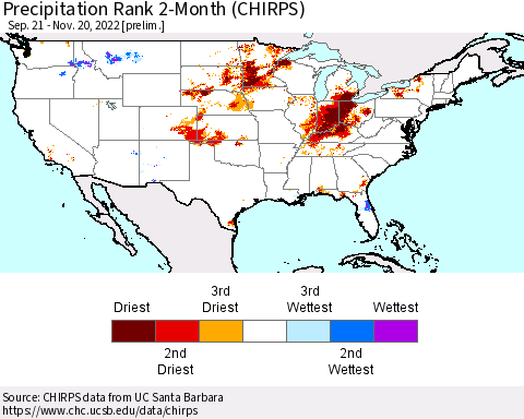 United States Precipitation Rank 2-Month (CHIRPS) Thematic Map For 9/21/2022 - 11/20/2022