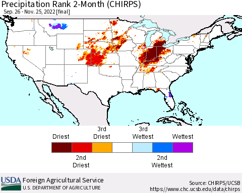 United States Precipitation Rank since 1981, 2-Month (CHIRPS) Thematic Map For 9/26/2022 - 11/25/2022