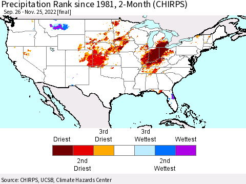 United States Precipitation Rank since 1981, 2-Month (CHIRPS) Thematic Map For 9/26/2022 - 11/25/2022