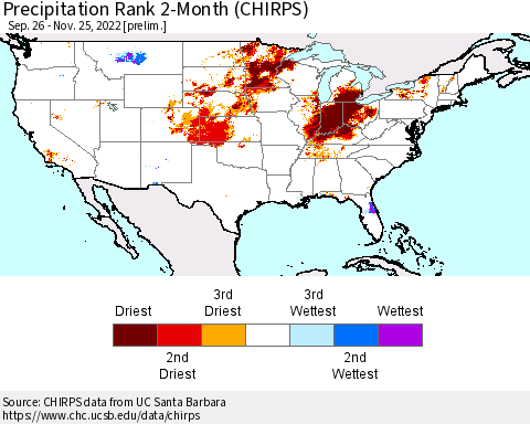 United States Precipitation Rank 2-Month (CHIRPS) Thematic Map For 9/26/2022 - 11/25/2022