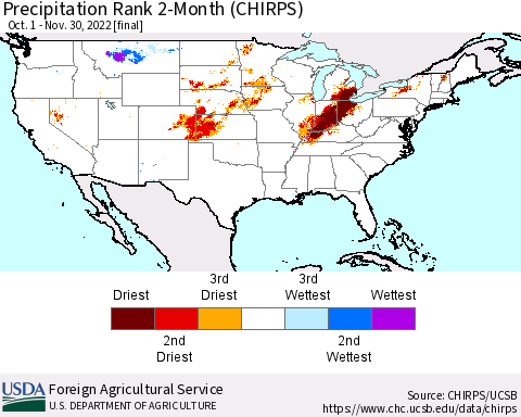 United States Precipitation Rank since 1981, 2-Month (CHIRPS) Thematic Map For 10/1/2022 - 11/30/2022