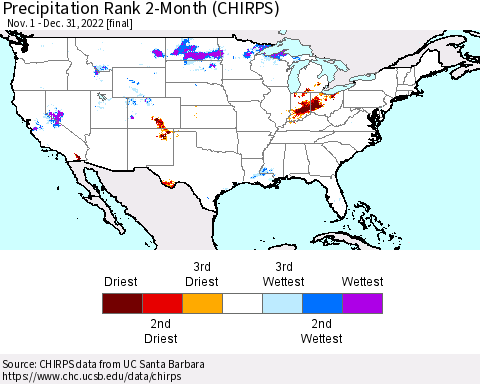 United States Precipitation Rank since 1981, 2-Month (CHIRPS) Thematic Map For 11/1/2022 - 12/31/2022