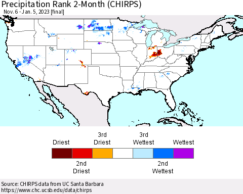 United States Precipitation Rank since 1981, 2-Month (CHIRPS) Thematic Map For 11/6/2022 - 1/5/2023