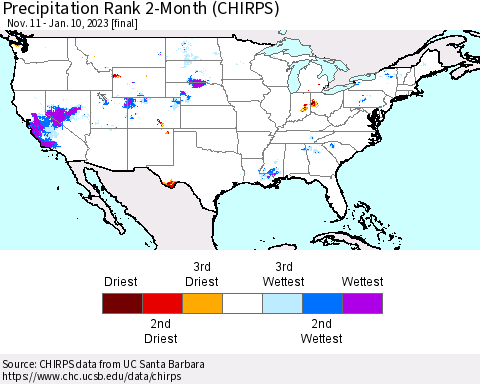 United States Precipitation Rank since 1981, 2-Month (CHIRPS) Thematic Map For 11/11/2022 - 1/10/2023