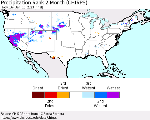 United States Precipitation Rank 2-Month (CHIRPS) Thematic Map For 11/16/2022 - 1/15/2023