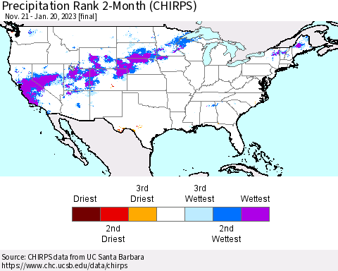 United States Precipitation Rank since 1981, 2-Month (CHIRPS) Thematic Map For 11/21/2022 - 1/20/2023
