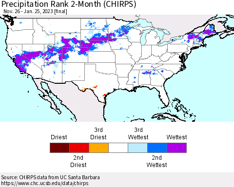 United States Precipitation Rank 2-Month (CHIRPS) Thematic Map For 11/26/2022 - 1/25/2023