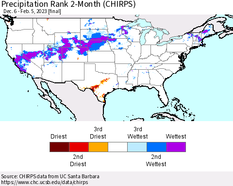 United States Precipitation Rank since 1981, 2-Month (CHIRPS) Thematic Map For 12/6/2022 - 2/5/2023