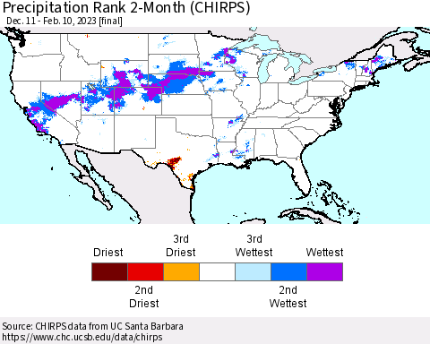 United States Precipitation Rank 2-Month (CHIRPS) Thematic Map For 12/11/2022 - 2/10/2023