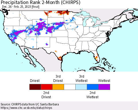 United States Precipitation Rank 2-Month (CHIRPS) Thematic Map For 12/26/2022 - 2/25/2023