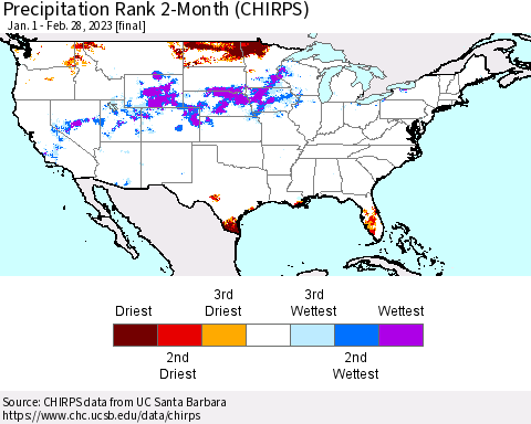United States Precipitation Rank 2-Month (CHIRPS) Thematic Map For 1/1/2023 - 2/28/2023