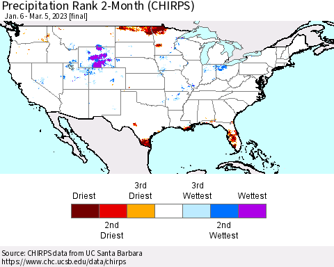 United States Precipitation Rank since 1981, 2-Month (CHIRPS) Thematic Map For 1/6/2023 - 3/5/2023