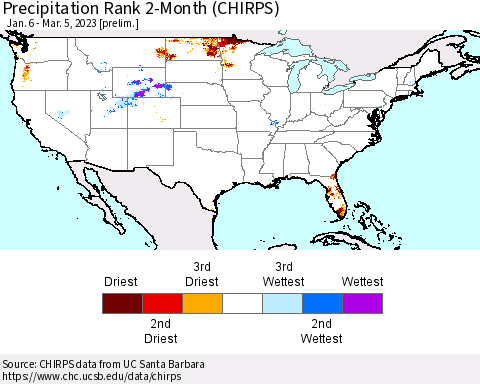 United States Precipitation Rank 2-Month (CHIRPS) Thematic Map For 1/6/2023 - 3/5/2023