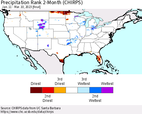 United States Precipitation Rank since 1981, 2-Month (CHIRPS) Thematic Map For 1/11/2023 - 3/10/2023