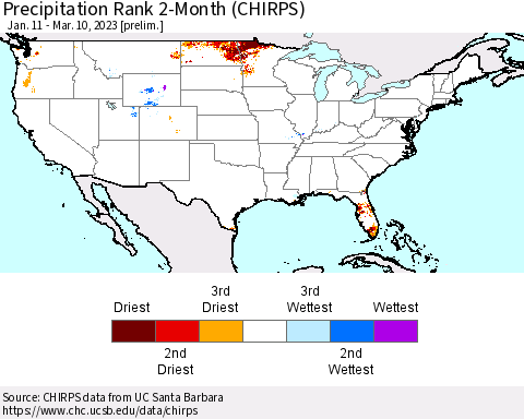 United States Precipitation Rank 2-Month (CHIRPS) Thematic Map For 1/11/2023 - 3/10/2023