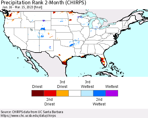United States Precipitation Rank since 1981, 2-Month (CHIRPS) Thematic Map For 1/16/2023 - 3/15/2023