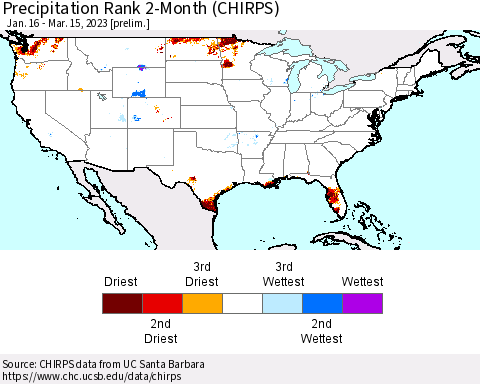 United States Precipitation Rank 2-Month (CHIRPS) Thematic Map For 1/16/2023 - 3/15/2023