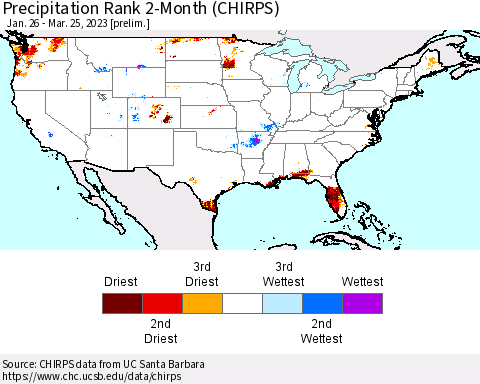 United States Precipitation Rank 2-Month (CHIRPS) Thematic Map For 1/26/2023 - 3/25/2023