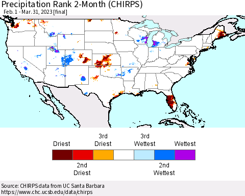 United States Precipitation Rank since 1981, 2-Month (CHIRPS) Thematic Map For 2/1/2023 - 3/31/2023