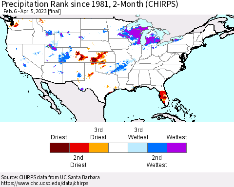 United States Precipitation Rank since 1981, 2-Month (CHIRPS) Thematic Map For 2/6/2023 - 4/5/2023