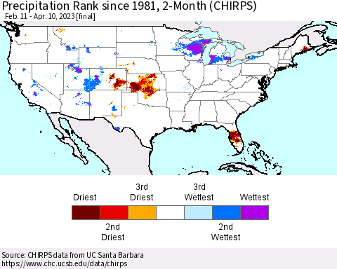 United States Precipitation Rank since 1981, 2-Month (CHIRPS) Thematic Map For 2/11/2023 - 4/10/2023
