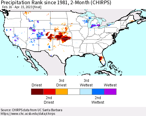 United States Precipitation Rank since 1981, 2-Month (CHIRPS) Thematic Map For 2/16/2023 - 4/15/2023