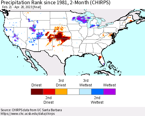 United States Precipitation Rank since 1981, 2-Month (CHIRPS) Thematic Map For 2/21/2023 - 4/20/2023