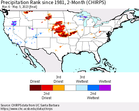 United States Precipitation Rank since 1981, 2-Month (CHIRPS) Thematic Map For 3/6/2023 - 5/5/2023