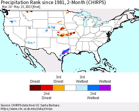 United States Precipitation Rank since 1981, 2-Month (CHIRPS) Thematic Map For 3/16/2023 - 5/15/2023